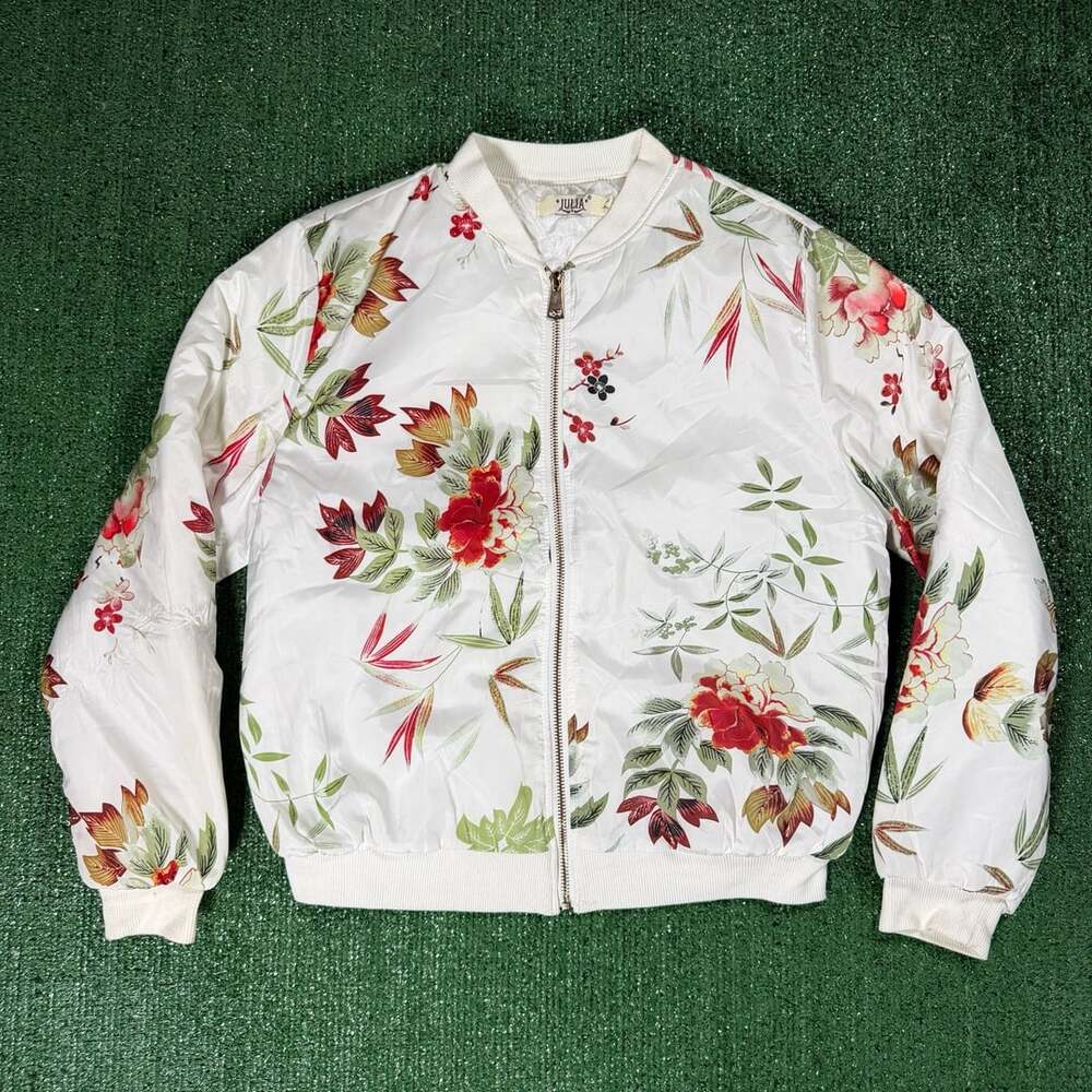 Vintage Women’s Julia Floral Print Bomber Jacket Size Large White Zip Up Coat
